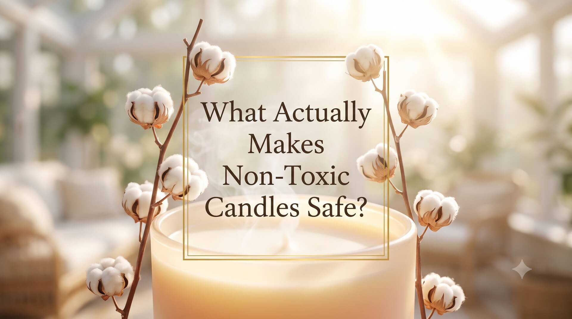 Cream-colored candle with cotton plant branches and fluffy cotton bolls. Elegant gold frame overlay with the text: "What Actually Makes Non-Toxic Candles Safe?"