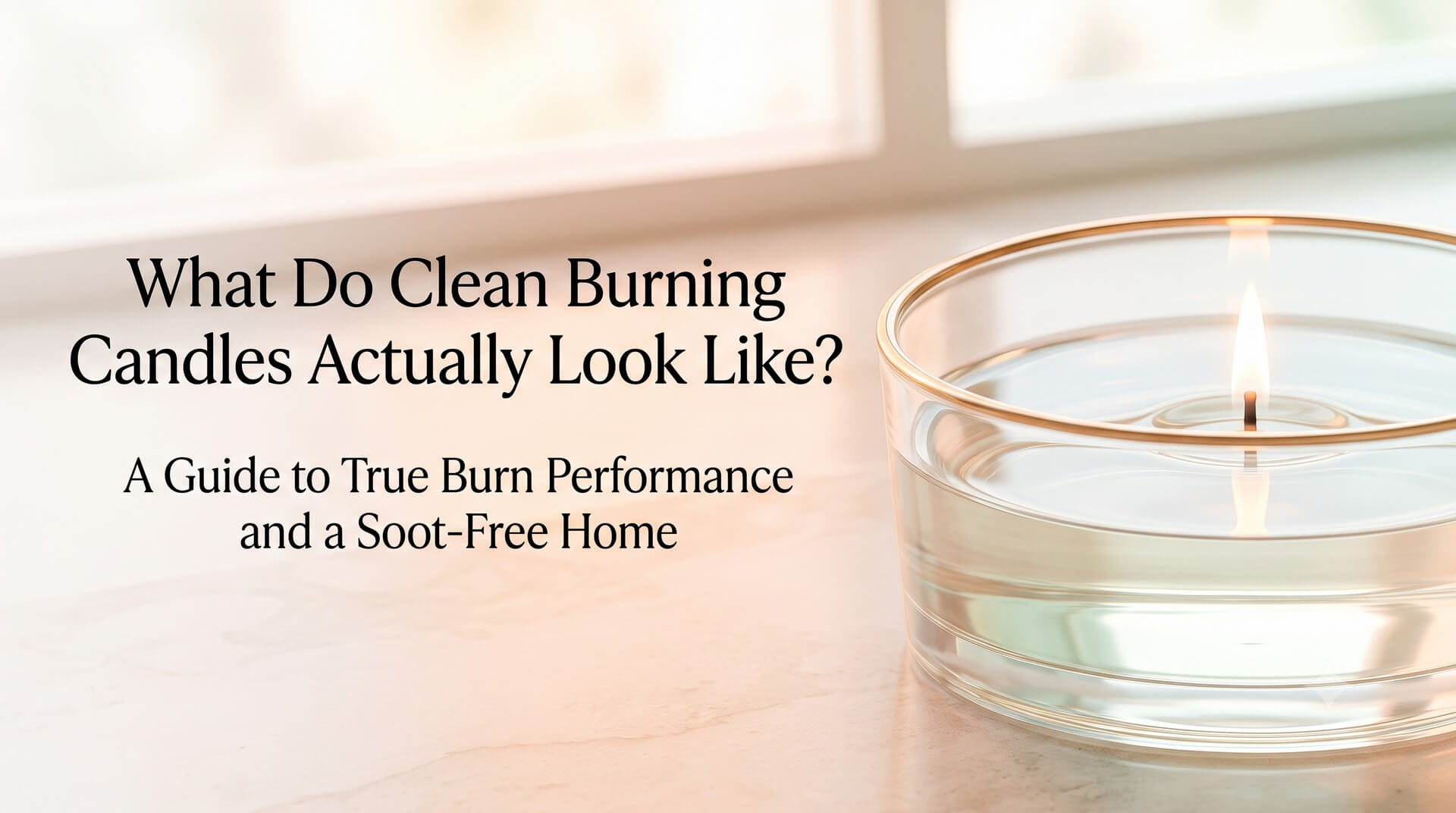 Lit candle in a clear glass container on a marble surface. Title: "What Do Clean Burning Candles Actually Look Like? A Guide to True Burn Performance and a Soot-Free Home."
