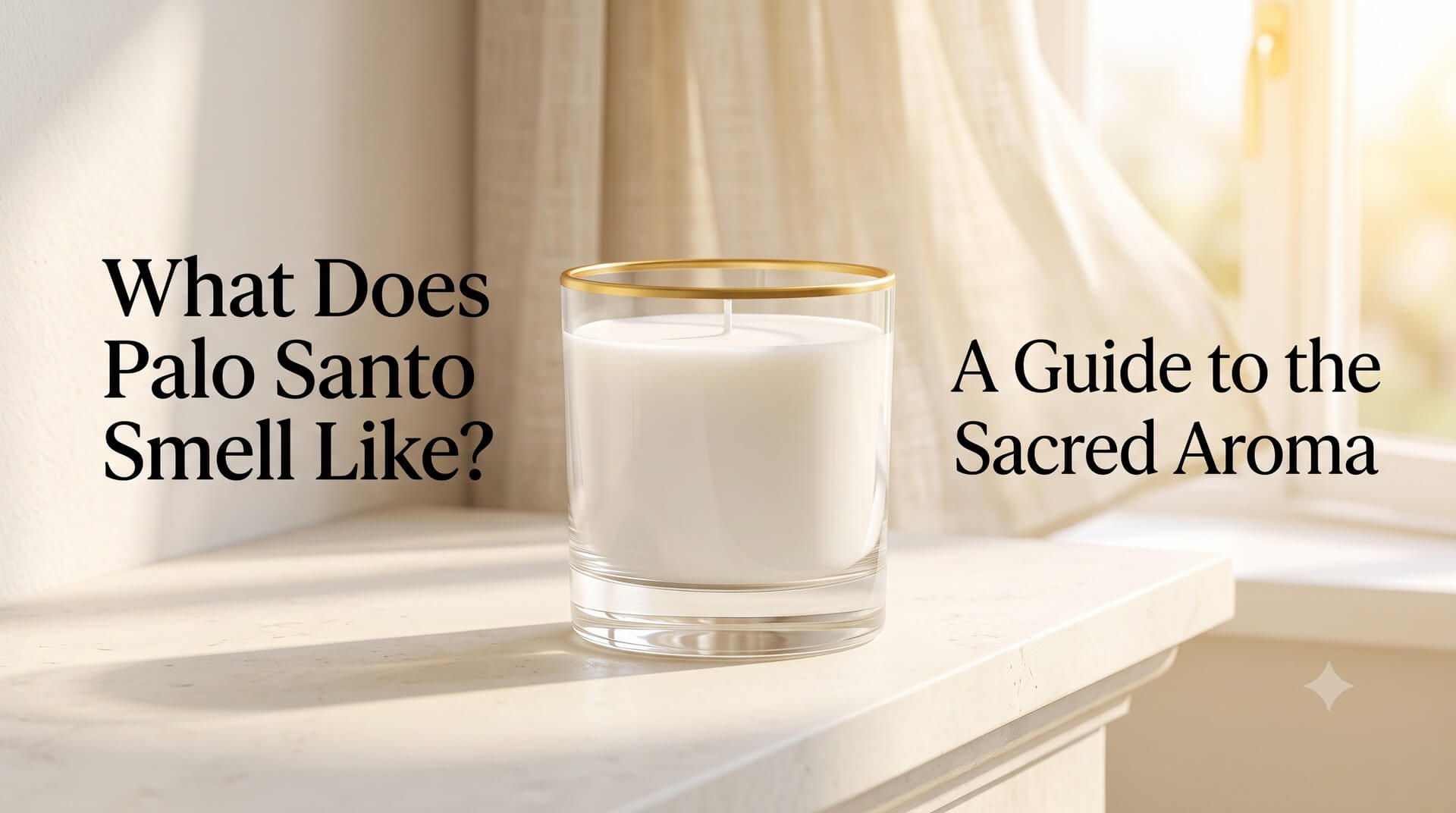 White candle in a glass jar with gold rim on a marble windowsill. Text: "What Does Palo Santo Smell Like? A Guide to the Sacred Aroma."