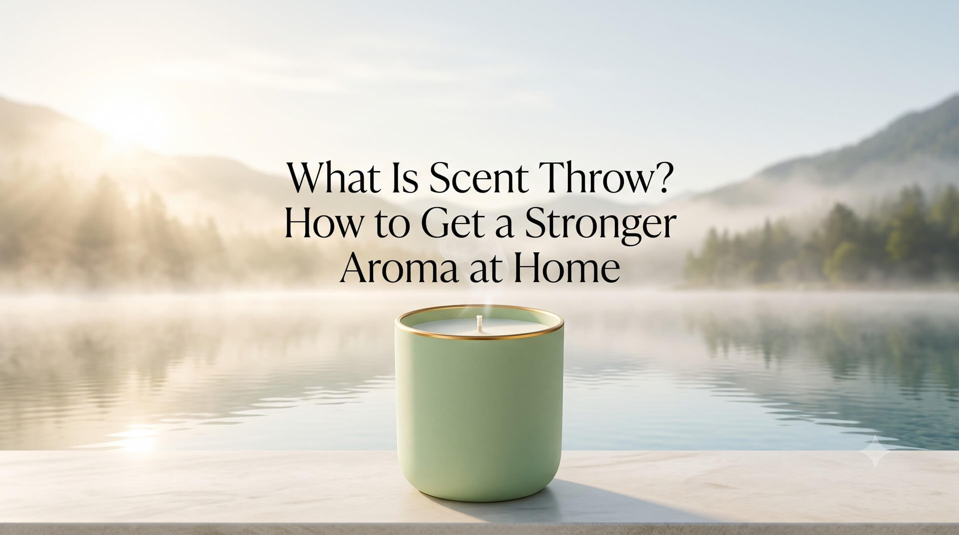 Image titled 'What Is Scent Throw? How to Get a Stronger Aroma at Home' featuring light green candle with misty mountain lake background.