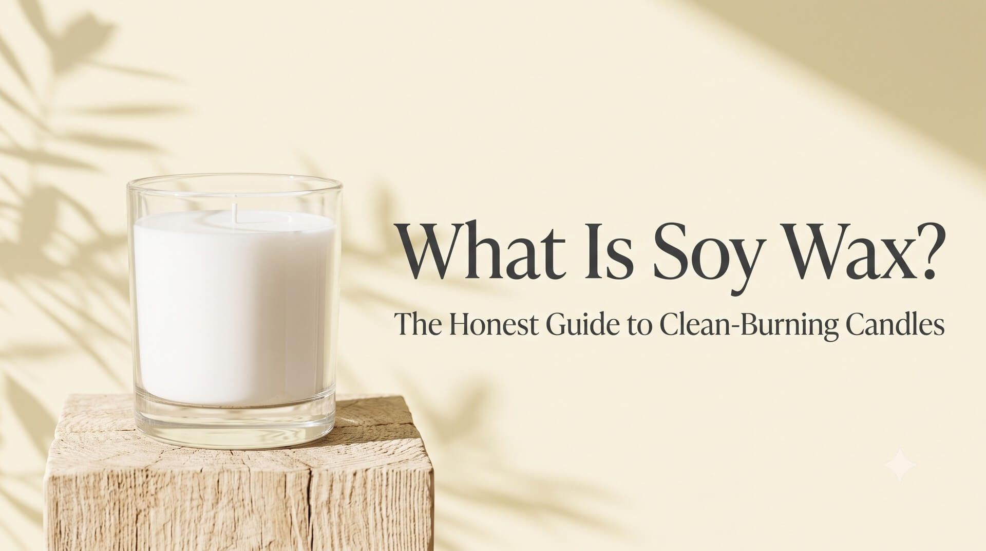 A single white candle in a glass container sitting on a wooden block, titled "What Is Soy Wax? The Honest Guide to Clean-Burning Candles".