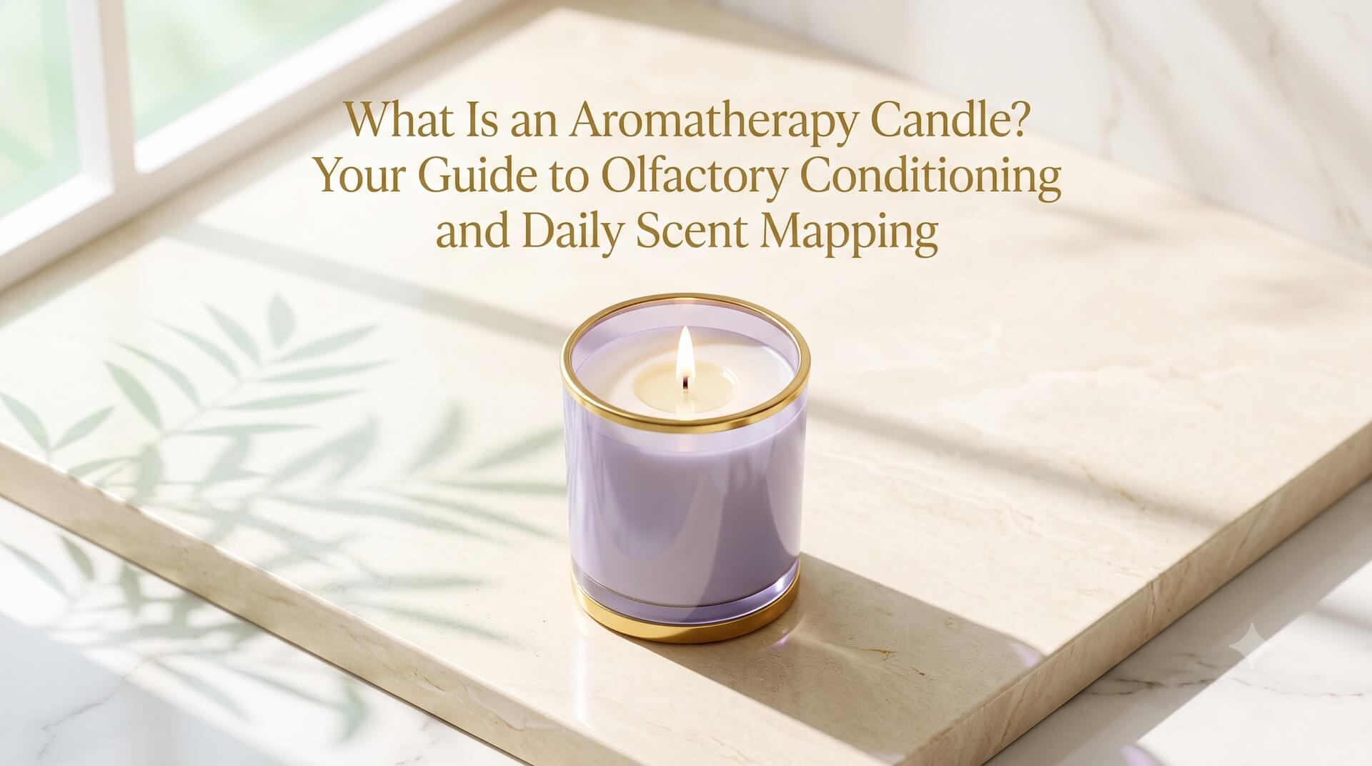 A lit purple candle in a gold-rimmed glass, titled "What Is an Aromatherapy Candle? Your Guide to Olfactory Conditioning and Daily Scent Mapping".