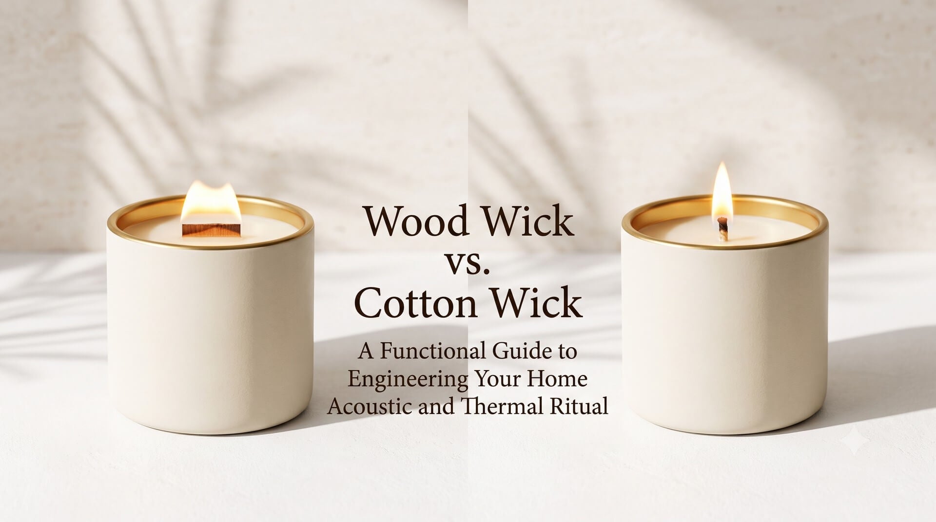Two minimalist candles side-by-side, titled 'Wood Wick vs. Cotton Wick: A Functional Guide to Engineering Your Home Acoustic and Thermal Ritual'.