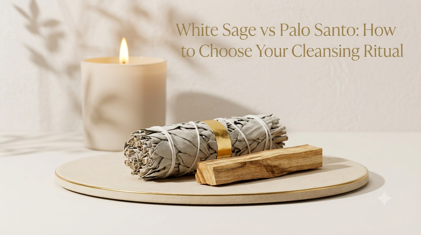 A flat-lay guide featuring a sage bundle, a piece of Palo Santo, and a lit candle on a stone tray, titled 'The Space Cleansing Taxonomy: An Analytical Guide to Selecting Culturally Respectful, Low-Smoke Aromatic Anchors'.